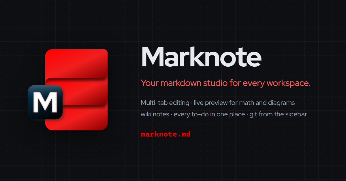 Marknote branding with its Windows app icon and key workspace features